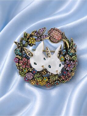 Floral Bunny Wreath Crystal Brooch